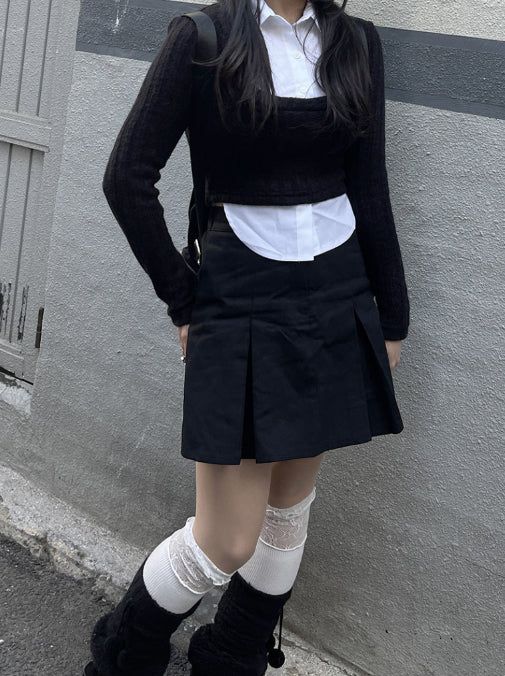 School Look Shirt Cardigan Layered Set