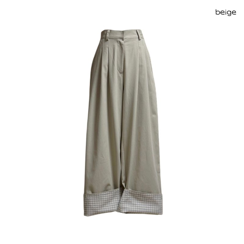 (3color) Check Roll-Up Wide Pintuck Pants