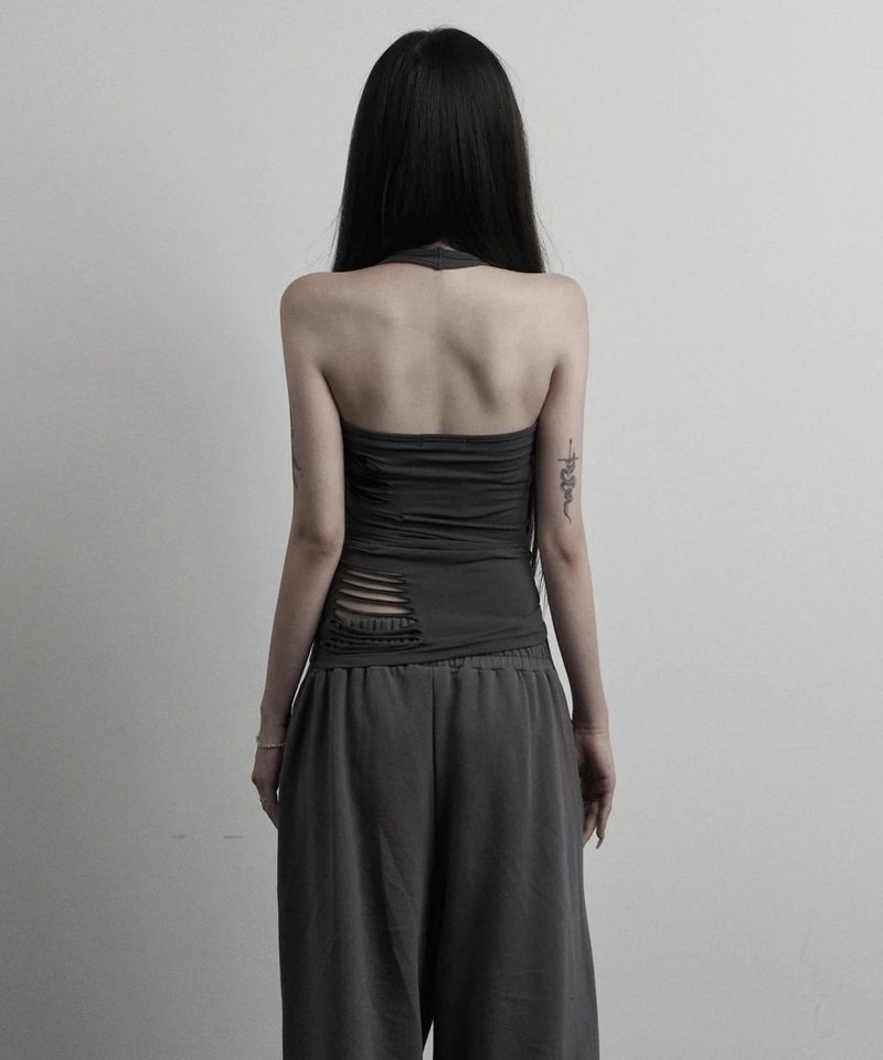 [label] hand-cut damage halterneck sleeveless (charcoal)