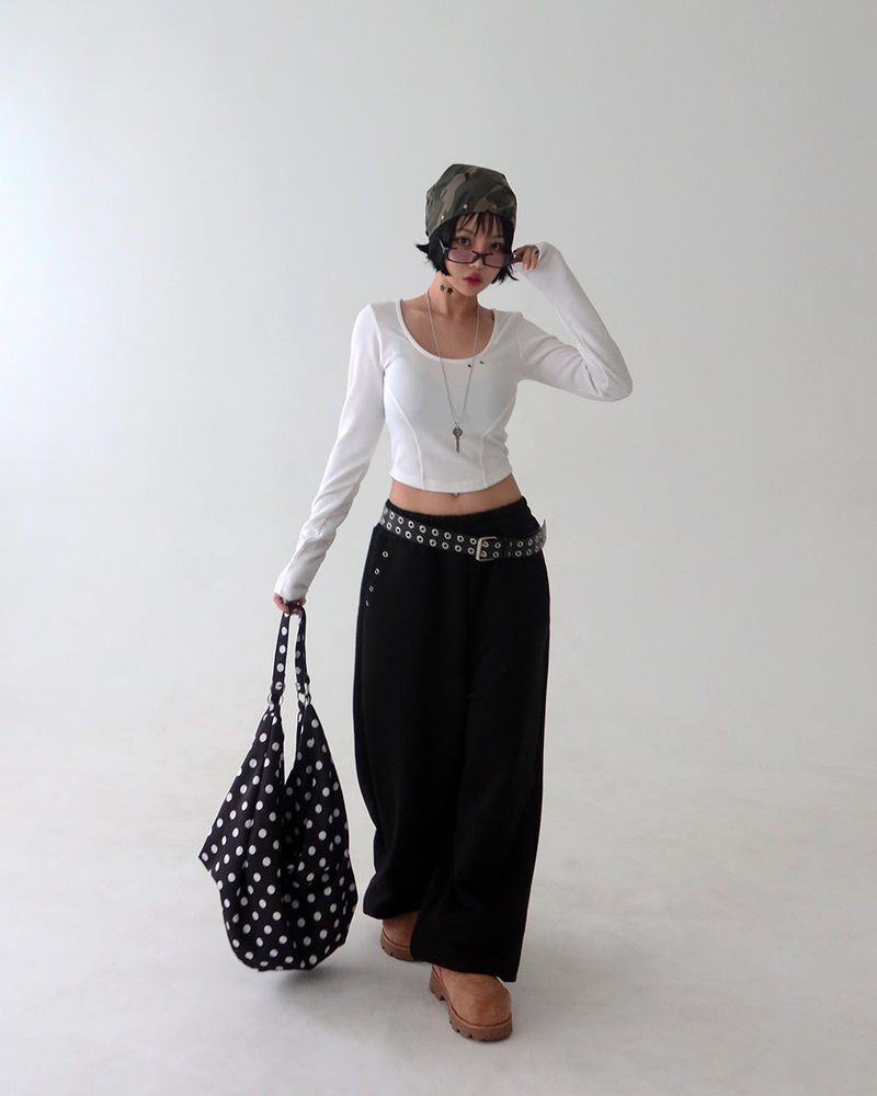 Punching eyelet string wide pants