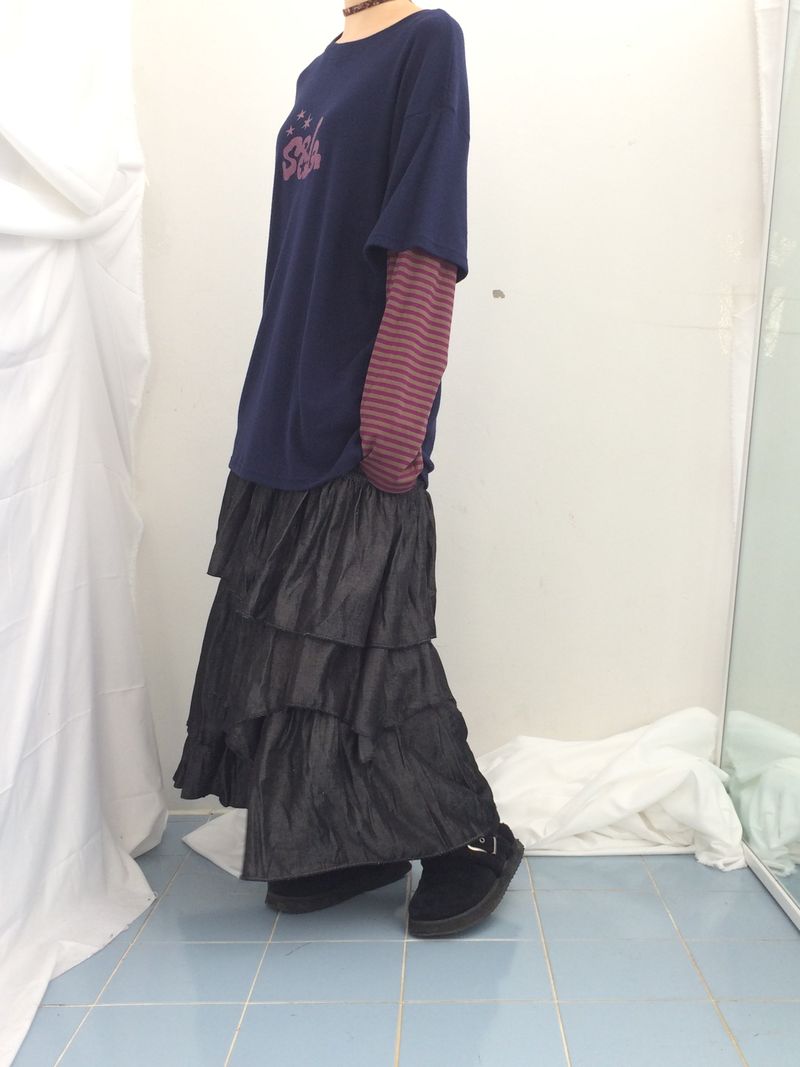Diagonal Layer Shirring Long Skirt