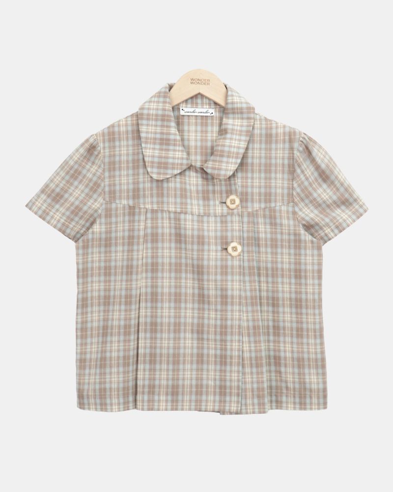 Yuwa Round Collar Check Short Sleeve Blouse
