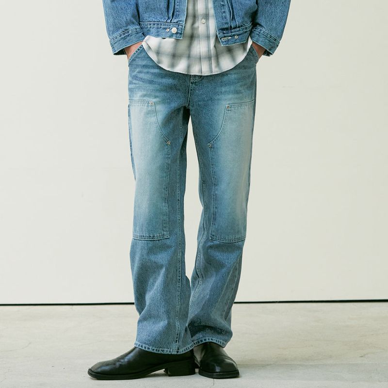 STRAIGHT DOUBLE KNEE WASHED DENIM PANTS BLUE