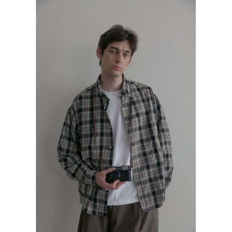 Vintage washing beige check shirts