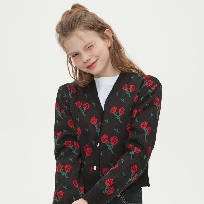 FLOWER JAQUARD KNIT CARDIGAN_BLACK