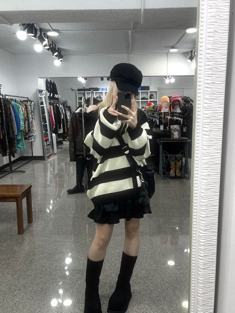 Off-shoulder Oversized Fit Stripe Knitwear