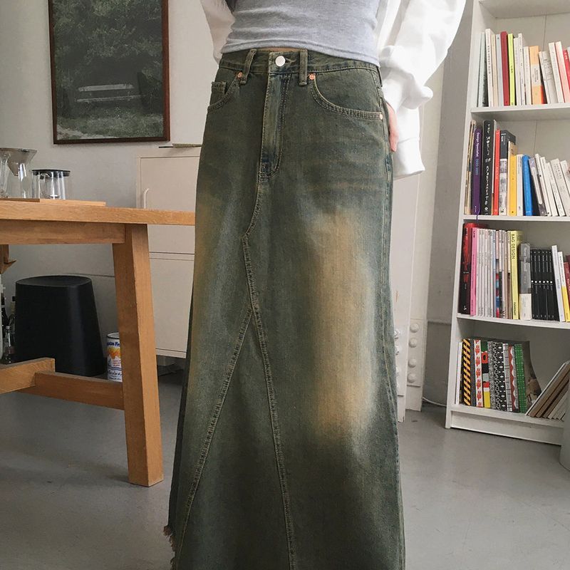 Yat Cat Sand Washed Maxi Denim Long Skirt