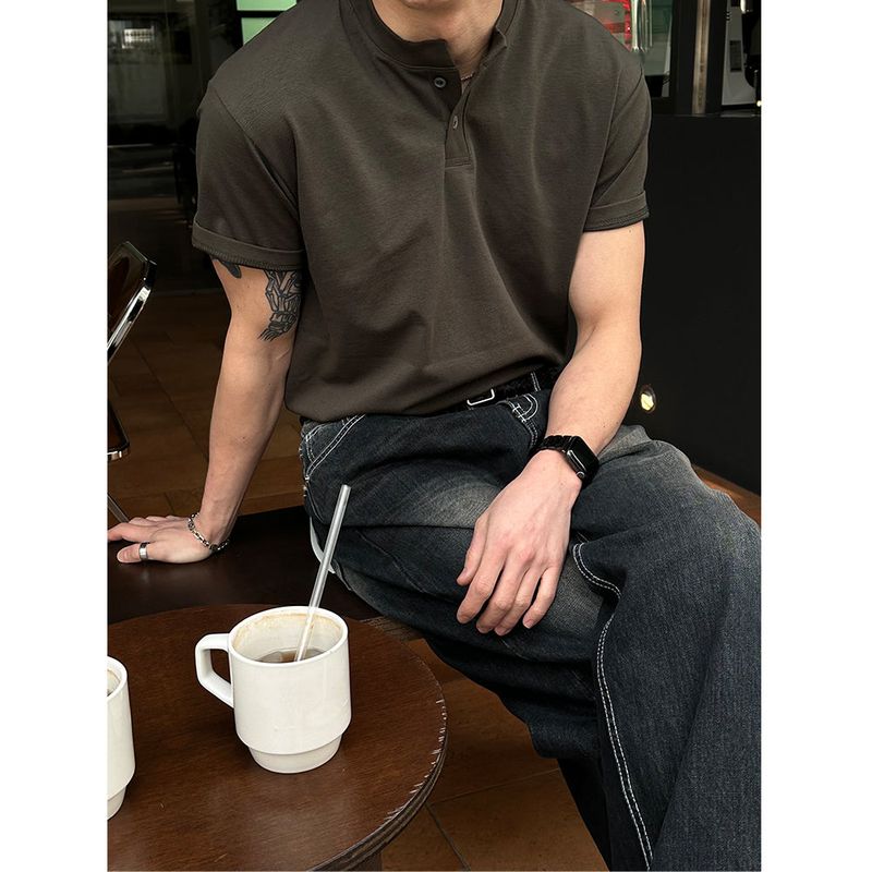 [MUSCLE FIT] Basic muscle henry neck half sleeves(6color)
