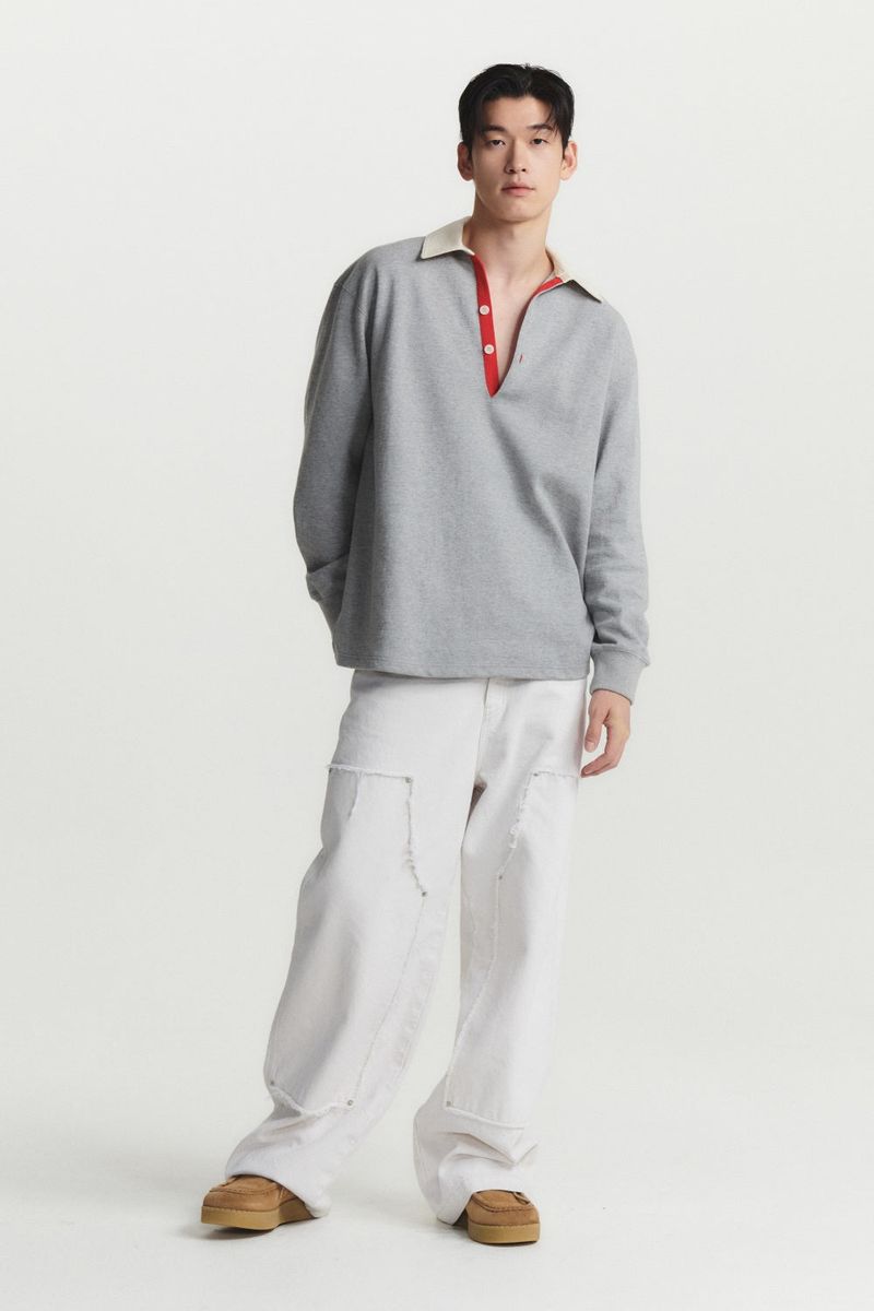 Garden express(ガーデンエクスプレス)の「WOVEN COLLAR RUGBY T-SHIRT (melange grey)(Tops)」