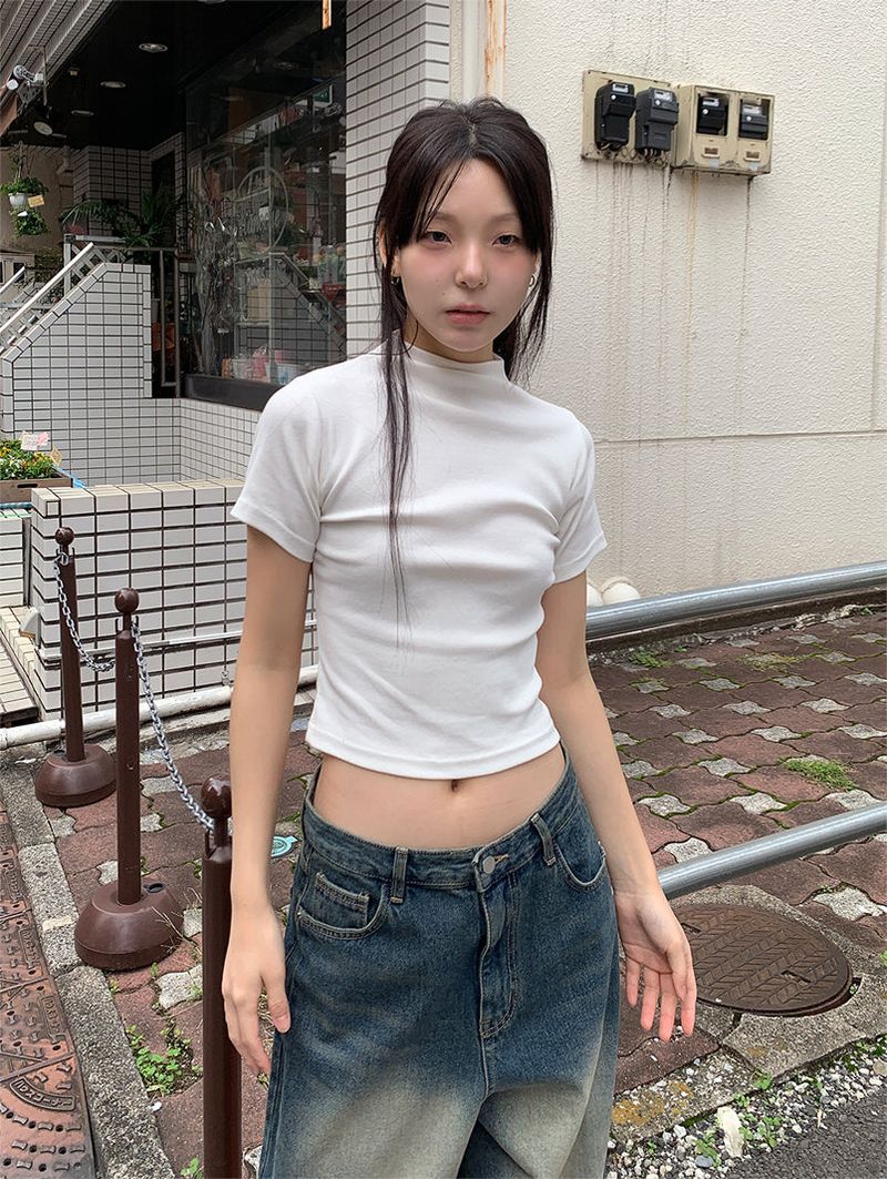RIBBED HALF NECK TEE (4C)