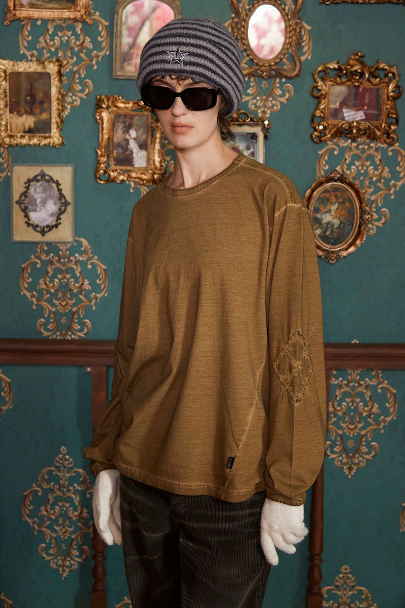 DYED ARGYLE LONG SLEEVE T SHIRT / OLIVE