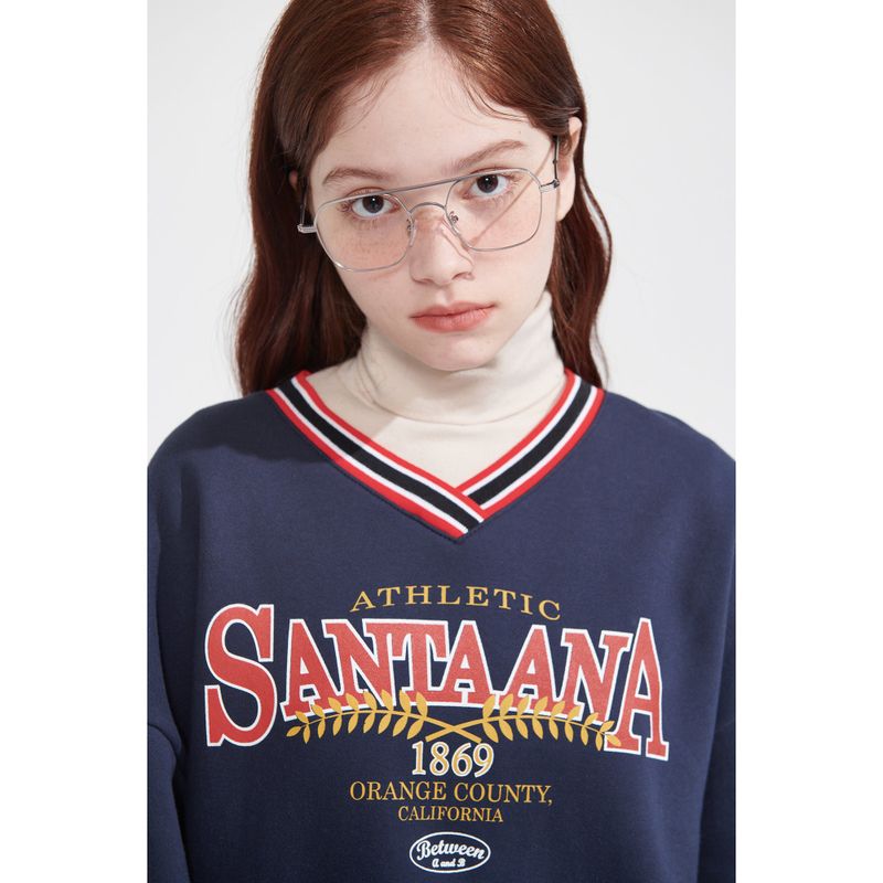 V-NECK STRIPE RIB SWEATSHIRT_NAVY