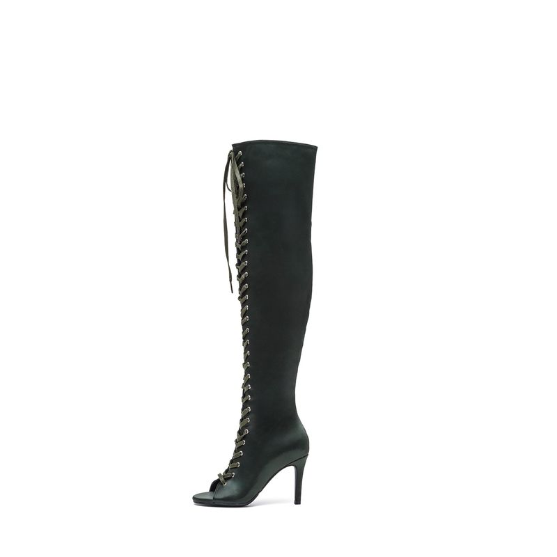 Satin Lace-Up Open Toe Boots Heel(Khaki)