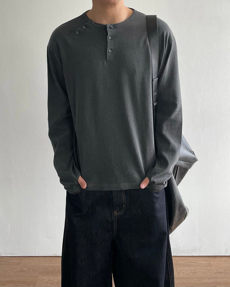 Double Washed Henley Neck Long Sleeve