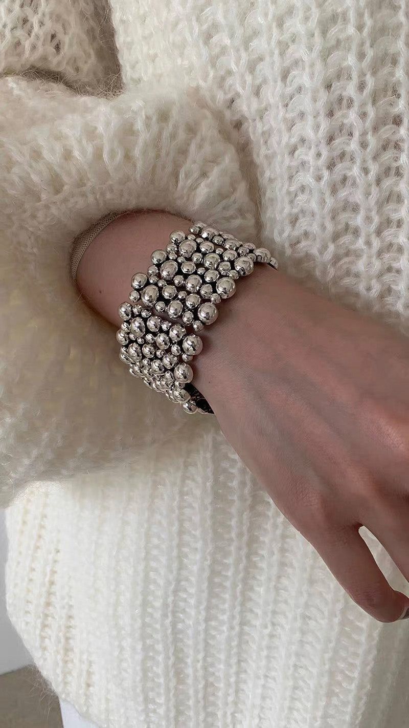 Silver balls wide band bangle