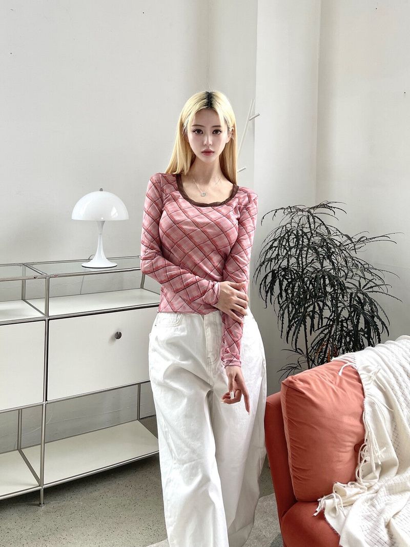 1464. Check mesh long sleeve T (2color)