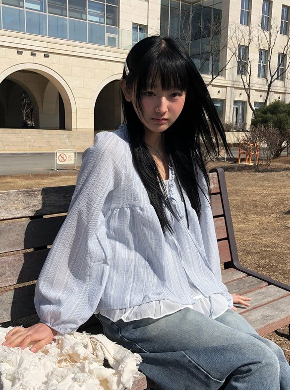 anyonemore（エニーワンモアー）の「Anna Stripe Lace Frill Layered Blouse（Tops）」