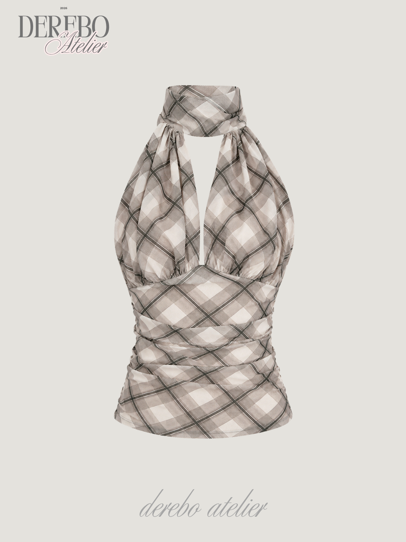 Shphone check holder neck mint-sleeved blouse Top
