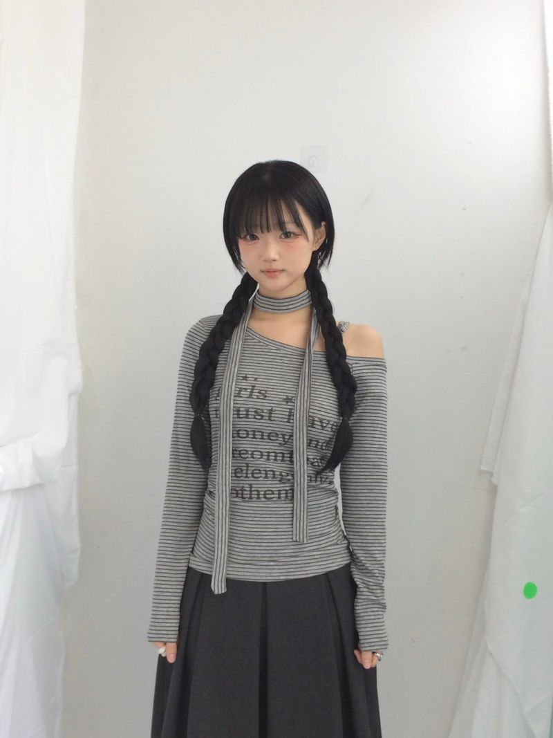 striped tie-neck top