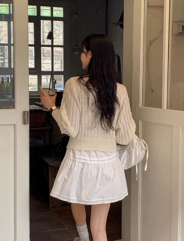 Pintuck String Ribbon Lace Mini Skirt (3color)