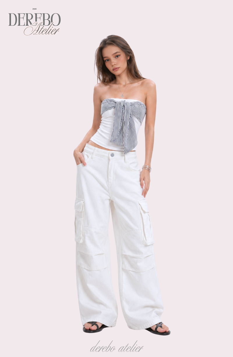 white wide pocket cotton casual pants