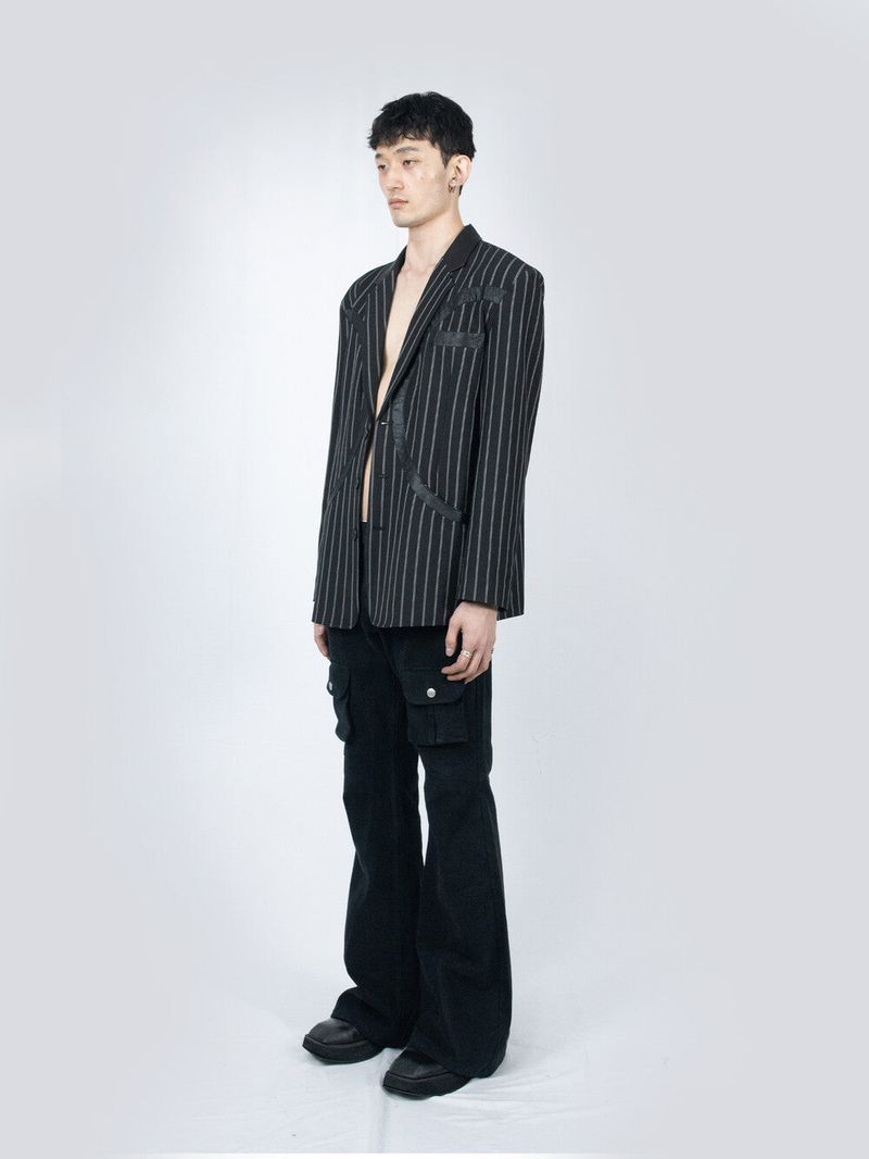 Circle Leather Patch Blazer (Black Stripe)