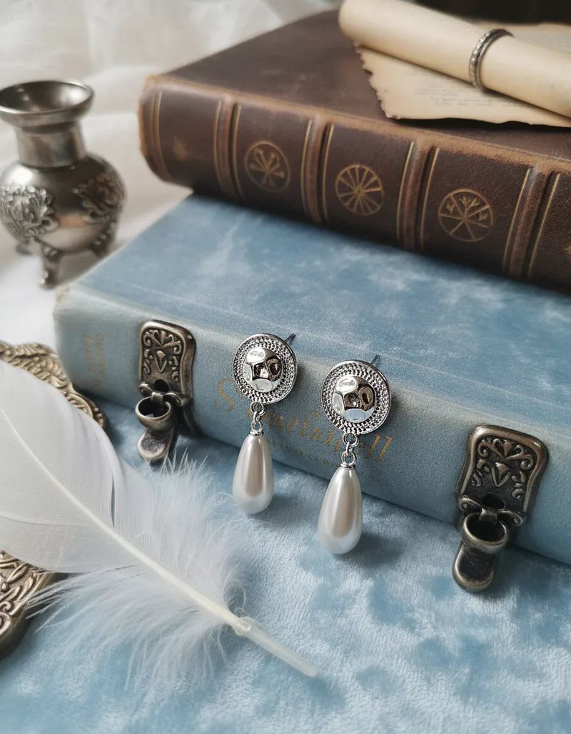 Ethnic Button and Long Pearl Earrings - Silver Color