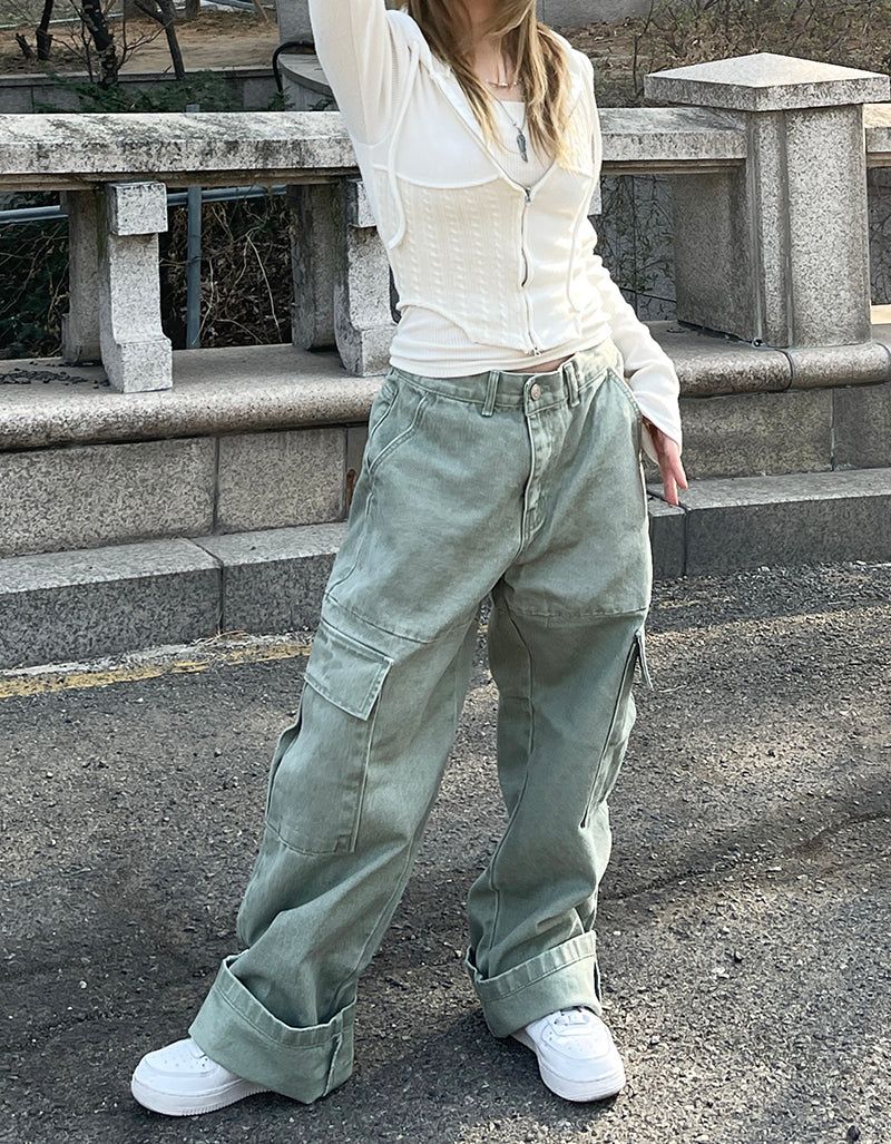Ding denim slit wide cargo pants