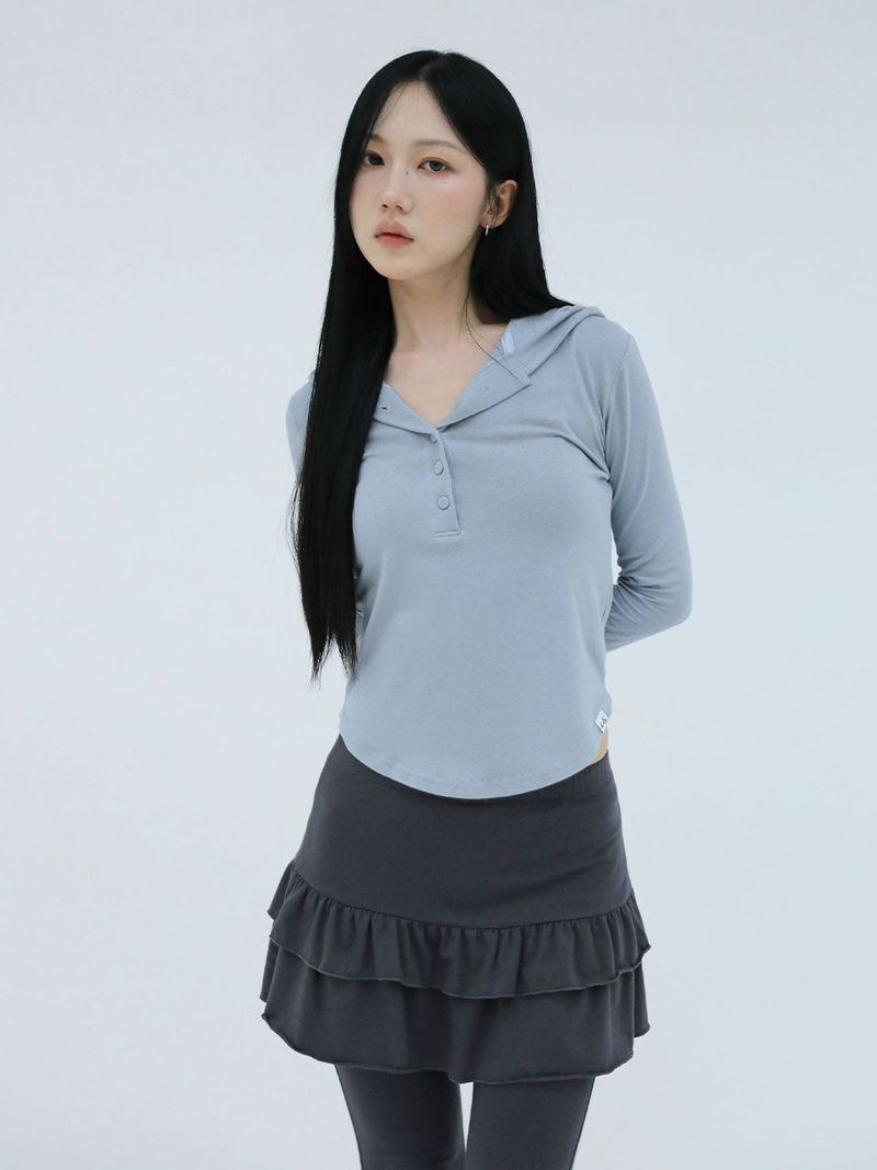 SLIM LONG BUTTON HOODIE TOP(BLUE)