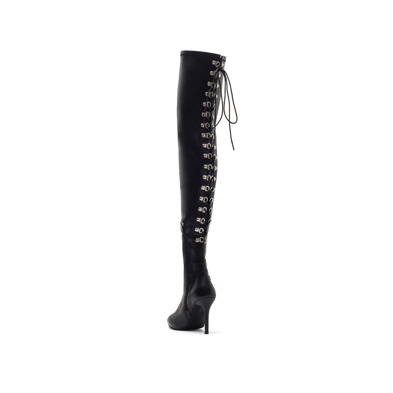 Back Lace-Up Thigh High Boots Heel(Black)