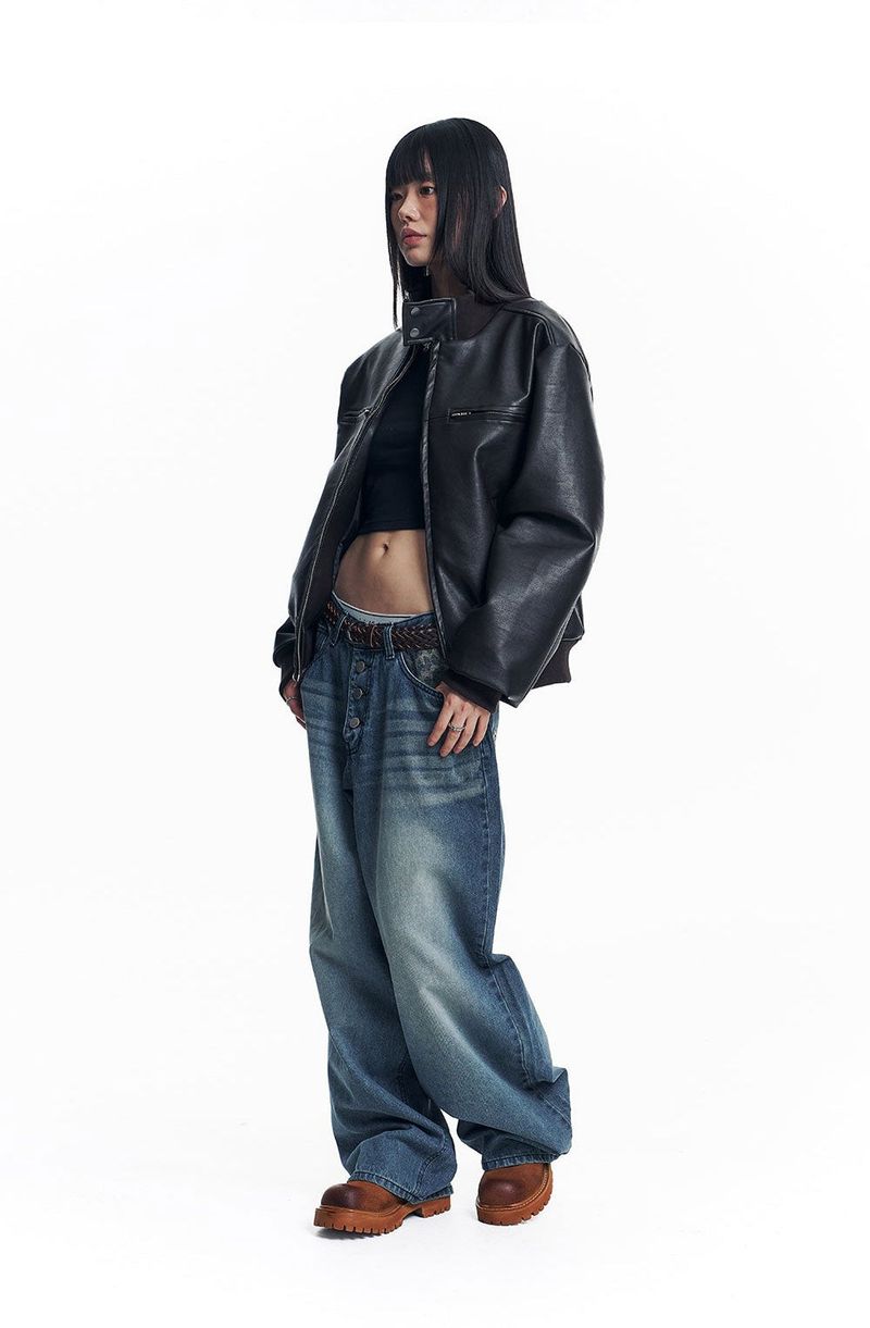 High Neck Leather Crop Jacket - Brown
