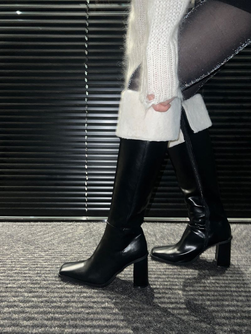 Square toe mink fur long boots (2 Color)