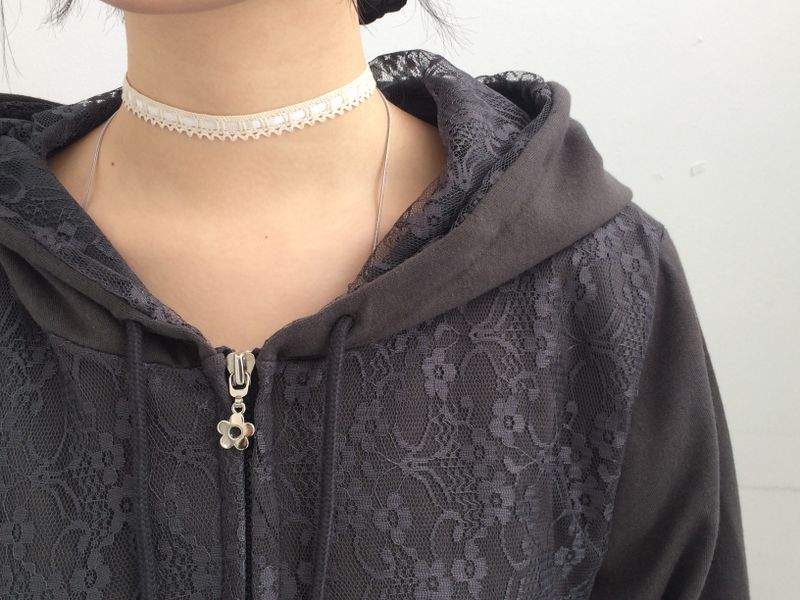 Flower Lace Half-Shirring Hooded Zip-Up