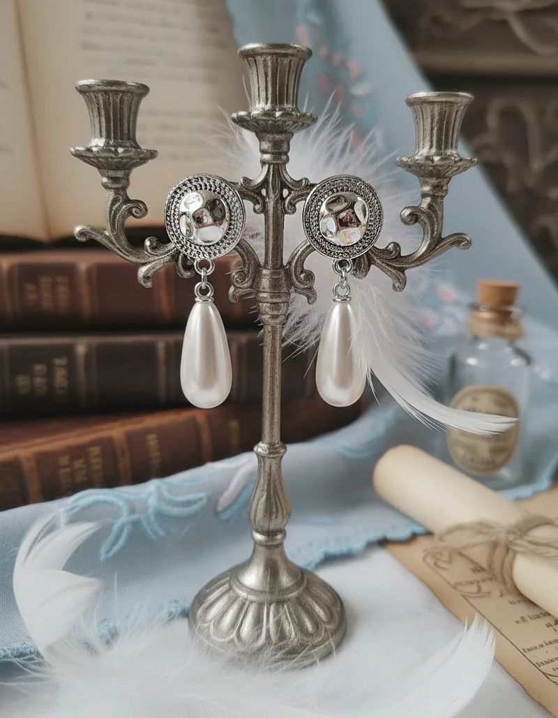 Ethnic Button and Long Pearl Earrings - Silver Color