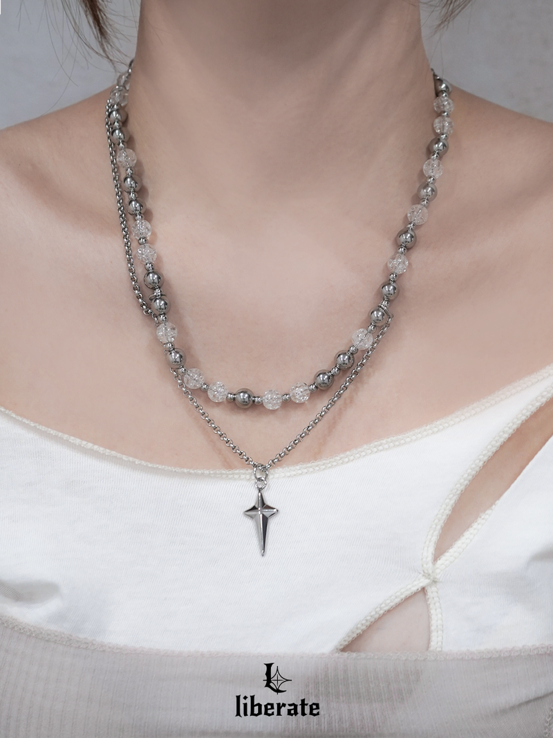 [S.Steel] Clear Beads Cross Necklace