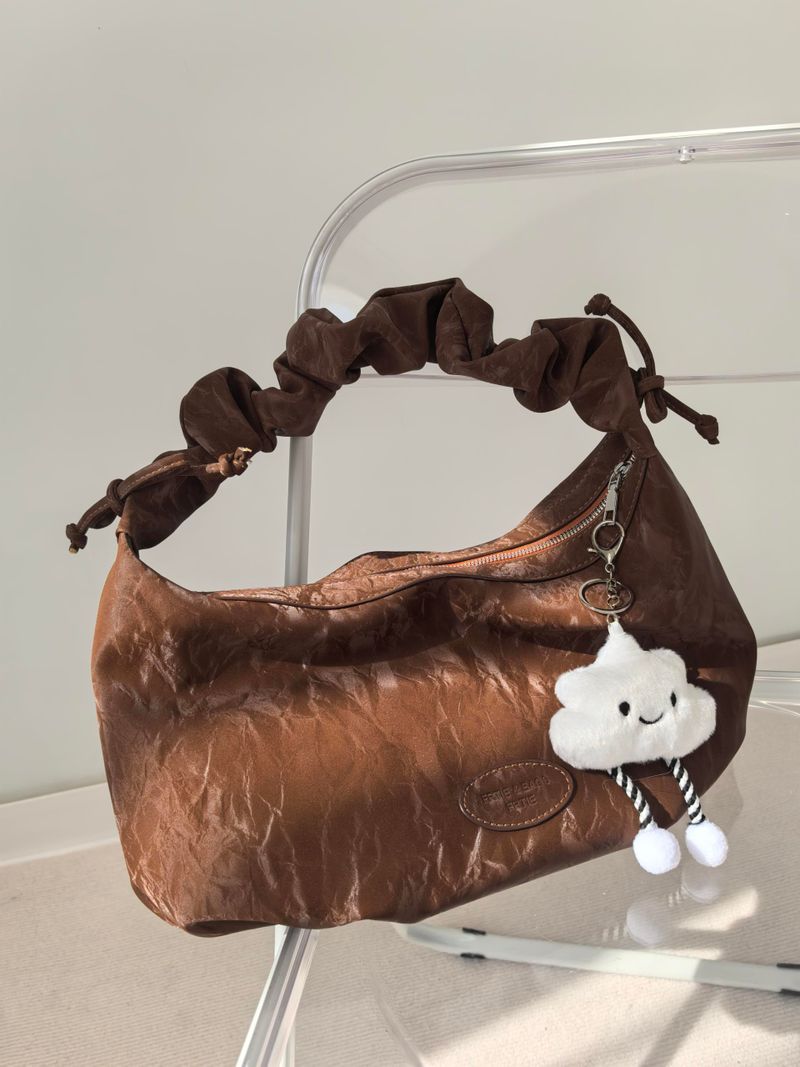 Cloud doll key ring bag denim washed leather wave pattern wrinkle strap zipper shoulder bag
