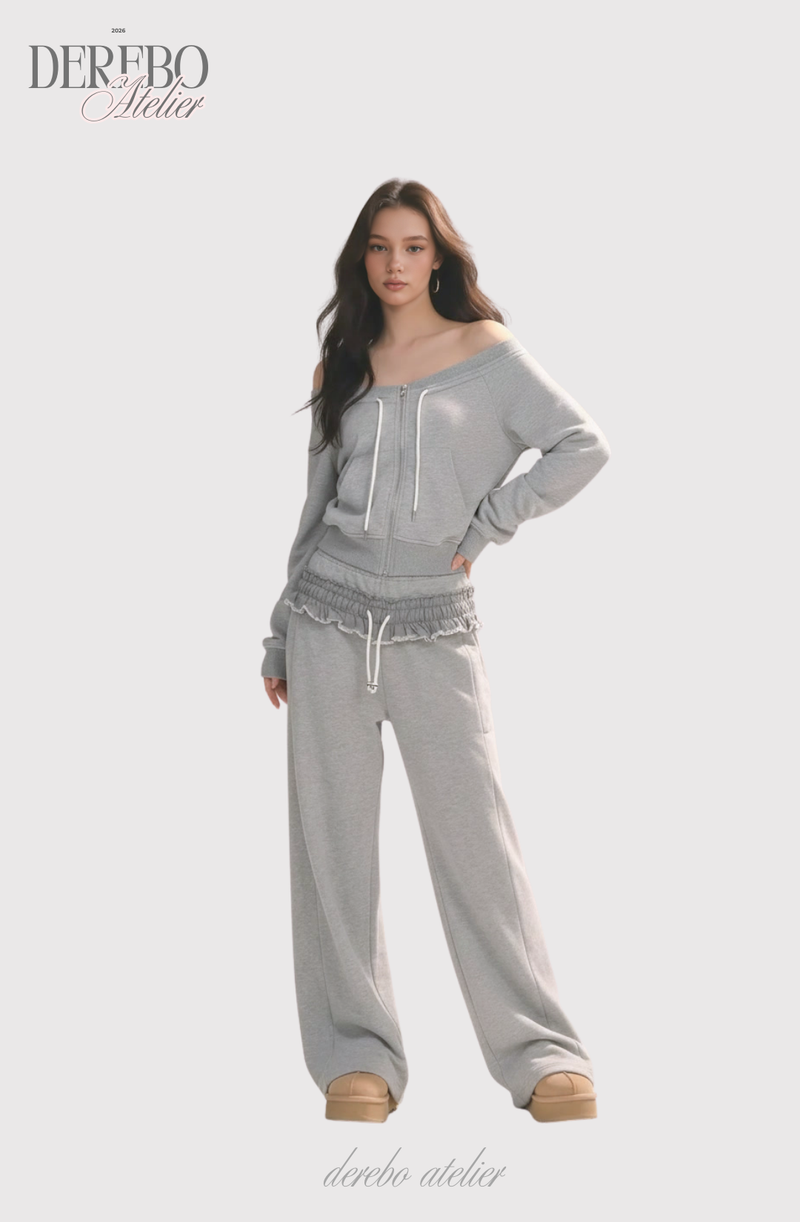 Grey off-shoulder zip-up frill training setup (SET)