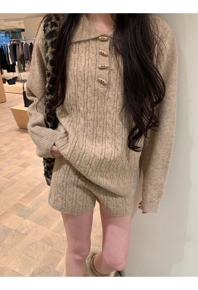 Oatmeal toggle wool twisted knitwear two-piece set