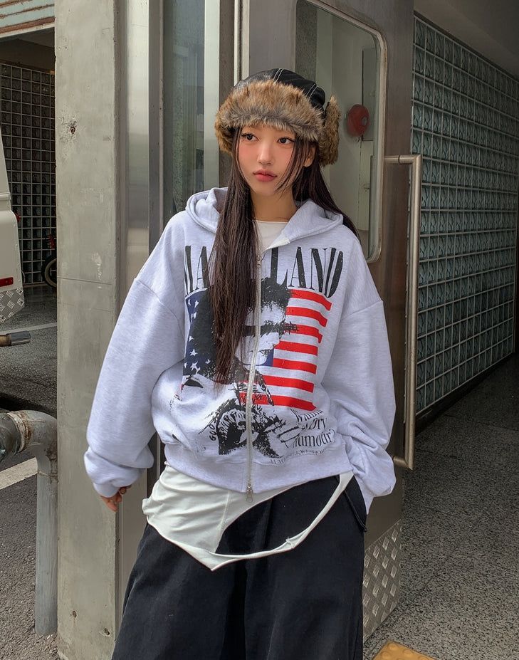 Land Stars and Stripes Two-Way Semi-Crop Hooded Zip-Up