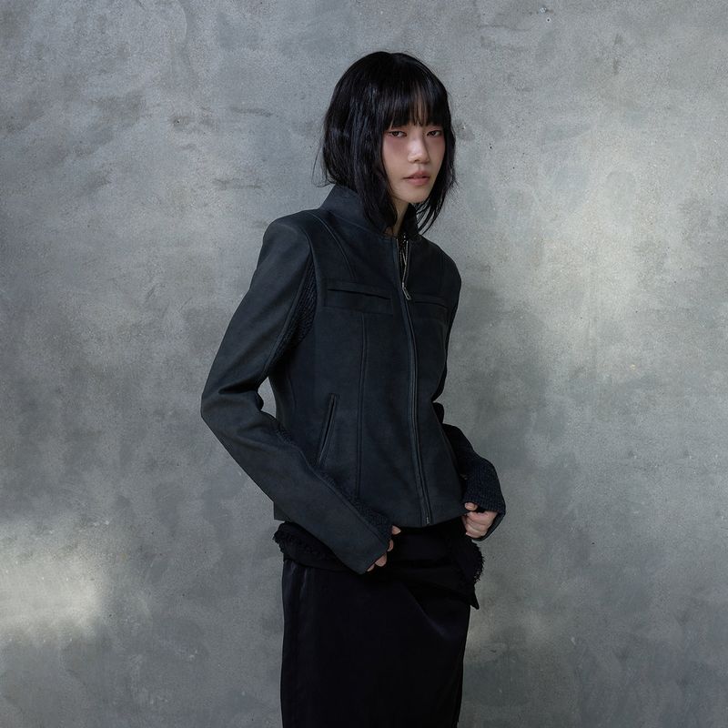 RIBBED SLEEVE LEATHER JACKET