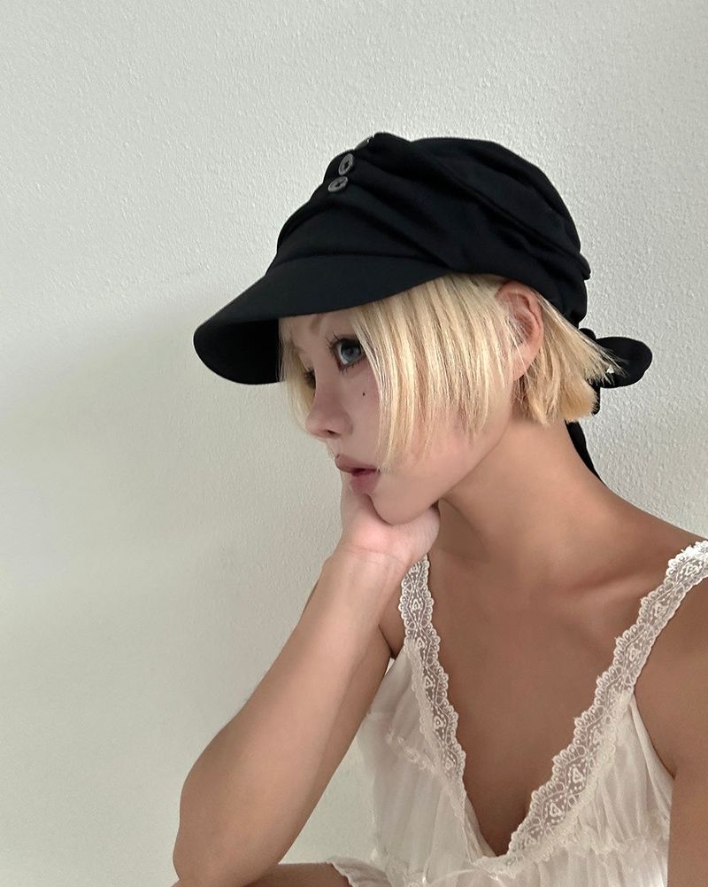 Button shirred back ribbon wrinkle sailor cap