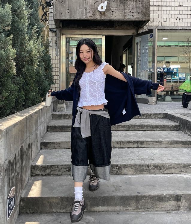 Clash waffle embroidery v-neck cardigan