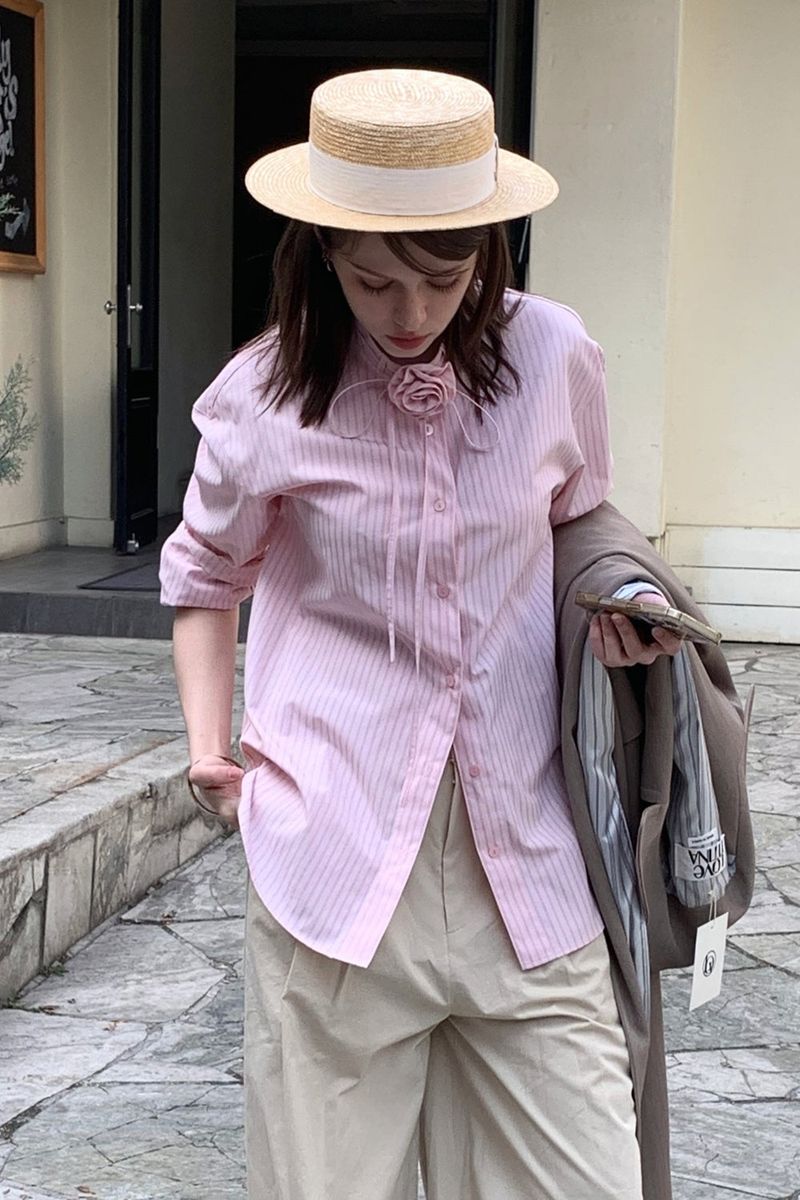 BROOCH STRIPE SHIRT_PINK