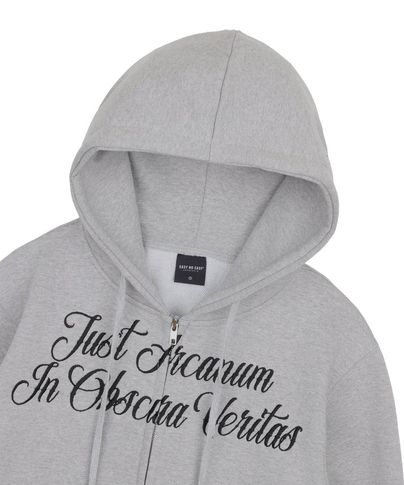 Lettering Embroidered Hoodie Zip-Up - Gray