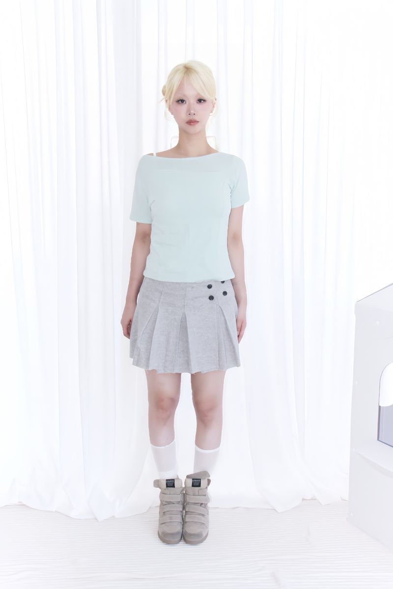 BUTTON POINT PLEATED MINI SKIRT (2COLOR)