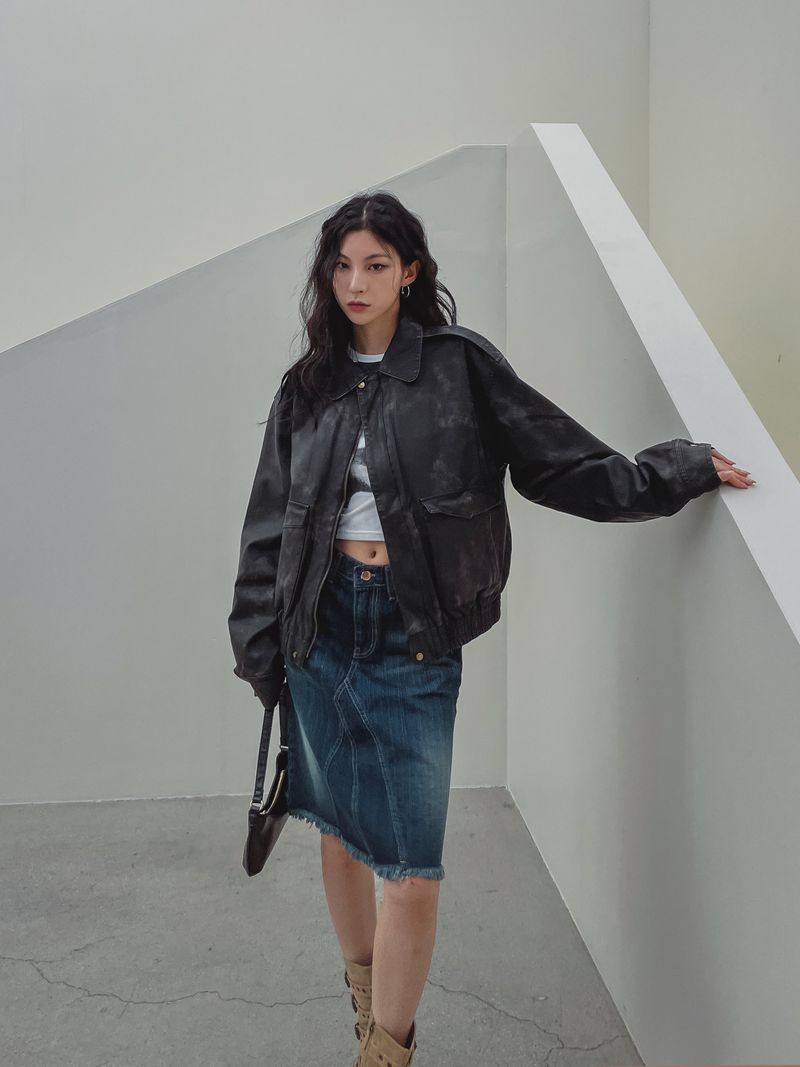 (UNISEX) グリフウォッシングレザー航空ジャンパー