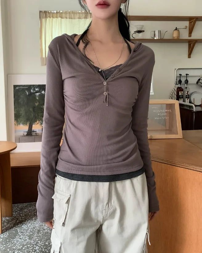 Leon V-Neck Button Slim Hoodie