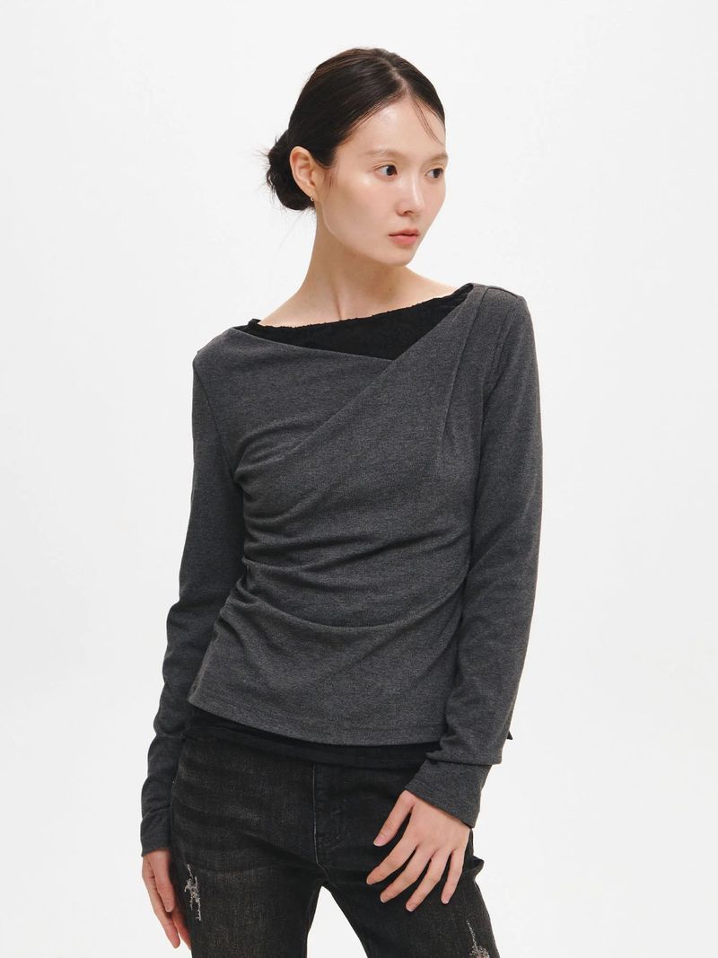 DRAPE SHIRRING LONG SLEEVE T-SHIRT