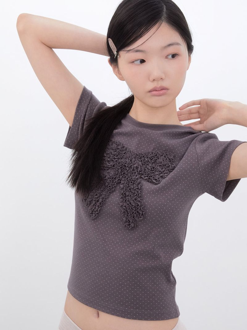 Dot Frill Ribbon T-Shirt (COCOA)