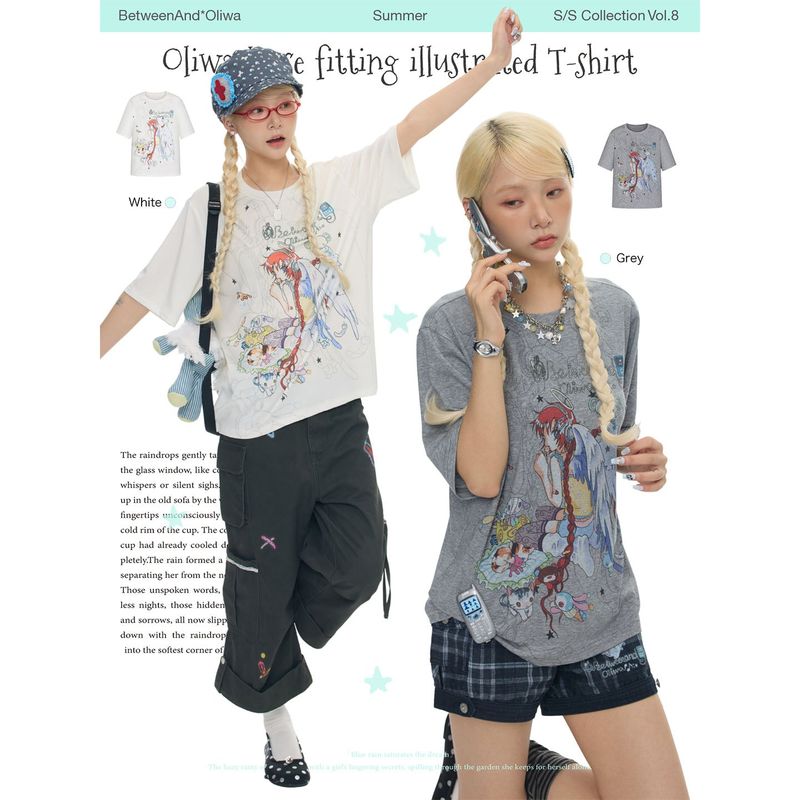 BETWEENANDxOliwa New women’s summer loose-fit two-color collaborative illustration round-neck short-sleeve T-shirt